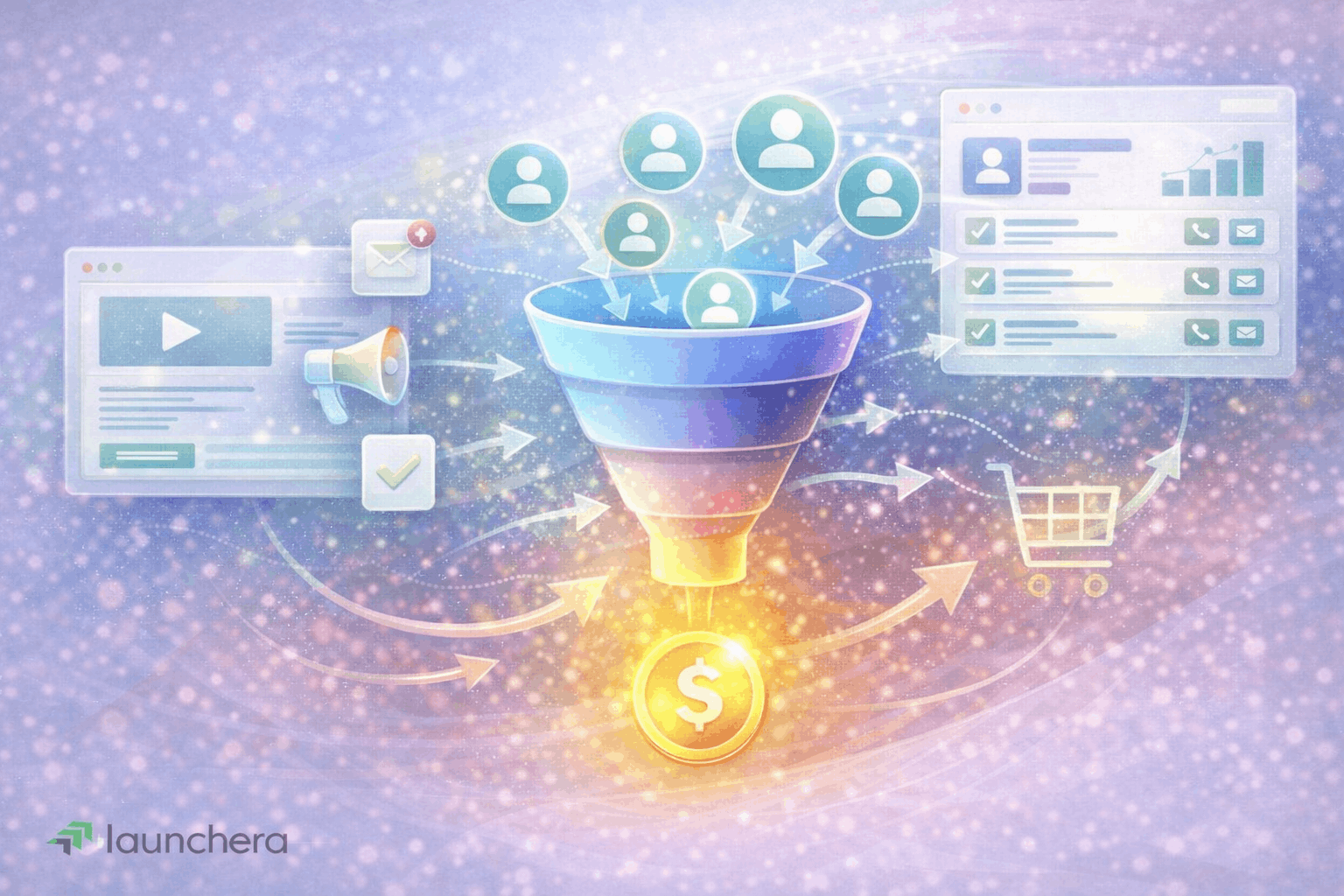 Digital lead generation funnel concept showing customer journey, automated marketing process, and online conversion system
