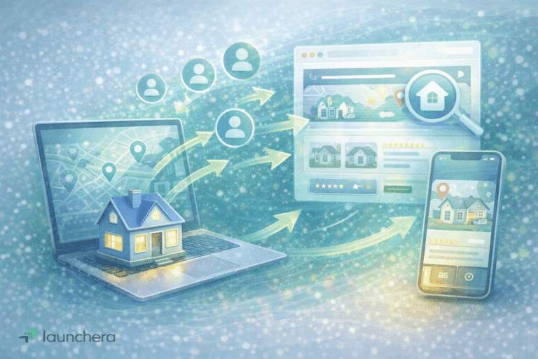 Real estate lead generation website concept showing property listings, customer inquiries, and automated real estate marketing system