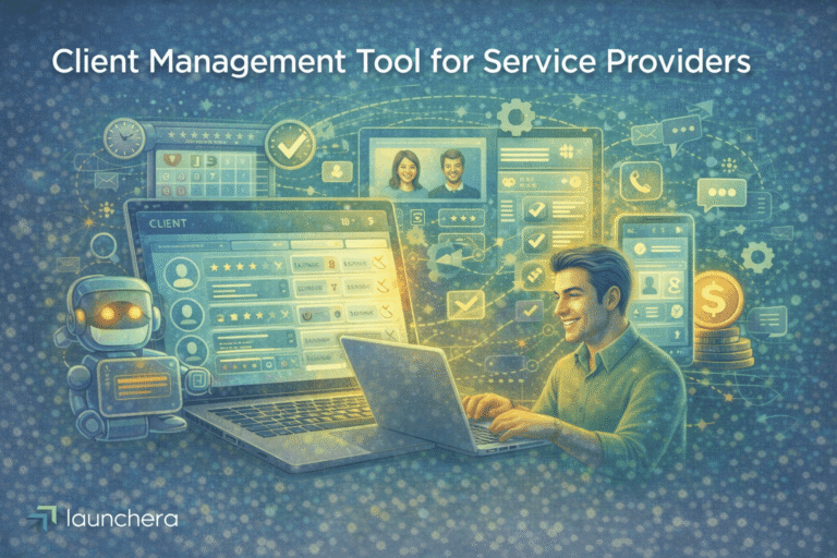 Client management tool for service providers showing CRM dashboard, task tracking, customer communication, and automated workflow system