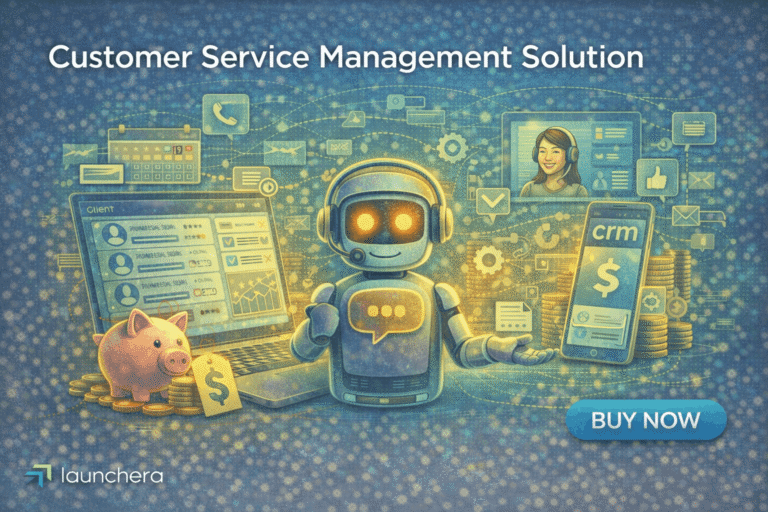 Customer service management solution showing support dashboard, ticket system, live chat, and automated customer support workflow