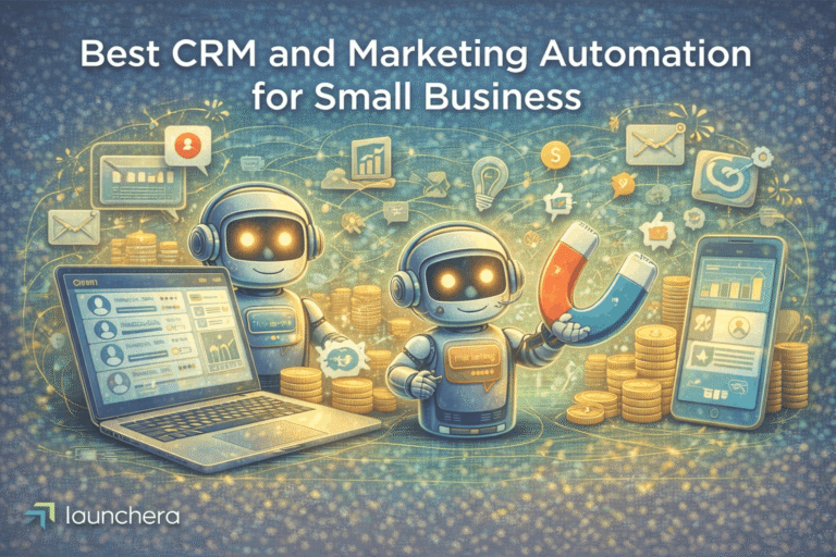 CRM and marketing automation software for small business showing customer management dashboard, automated campaigns, and sales growth system