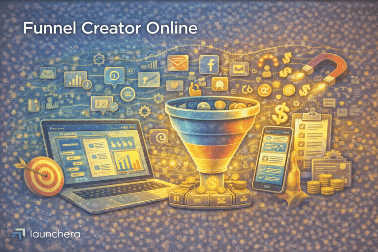 Online funnel creator software showing sales funnel stages, landing page builder, and automated conversion workflow