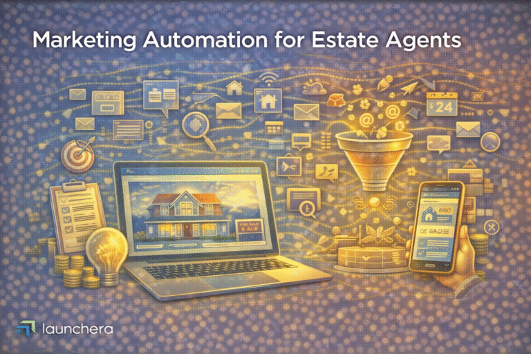 Marketing automation for estate agents showing real estate CRM dashboard, property listing management, and automated lead follow-up system