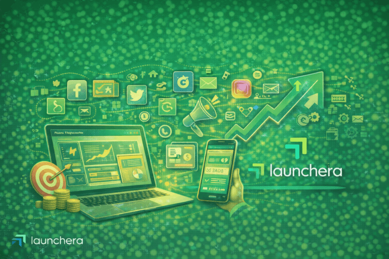 Online advertising strategies for small business showing digital ad platforms, campaign analytics dashboard, and automated marketing system