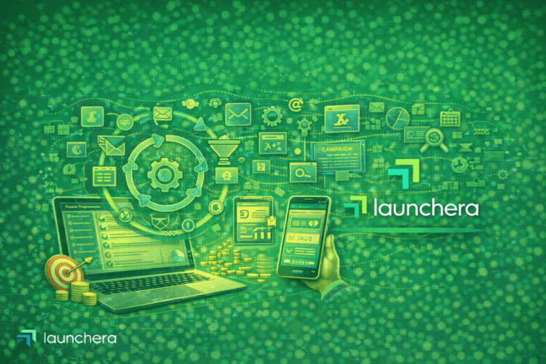 Marketing automation for small business showing CRM dashboard, automated campaigns, lead nurturing workflow, and business growth system