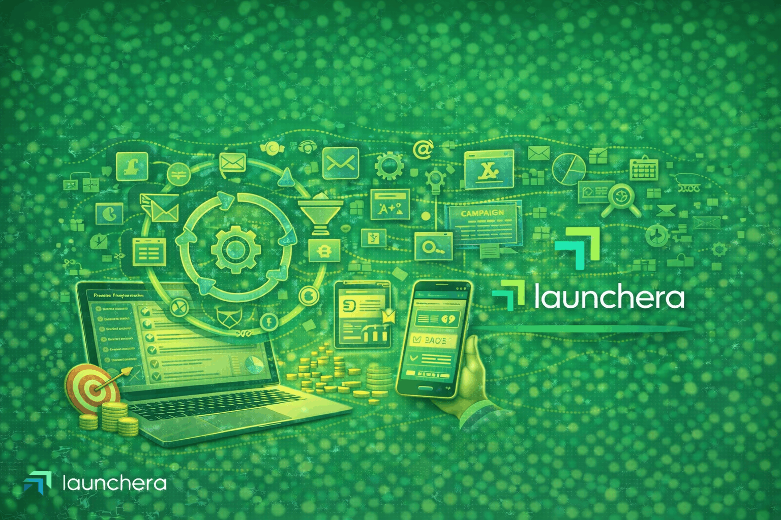 Marketing automation for small business showing CRM dashboard, automated campaigns, lead nurturing workflow, and business growth system