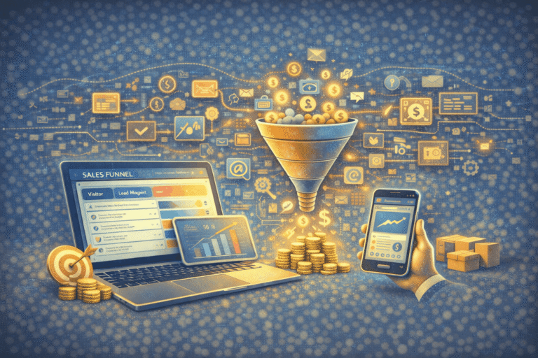 Sales funnel automation software showing automated lead capture, email sequences, CRM integration, and conversion tracking dashboard