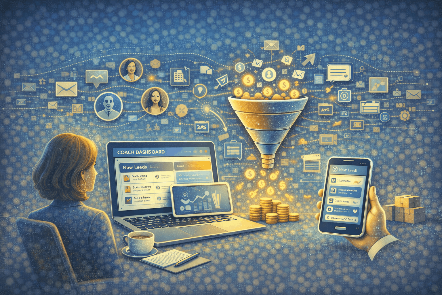 Lead automation system for coaches showing CRM dashboard, automated follow-ups, client booking notifications, and sales funnel workflow