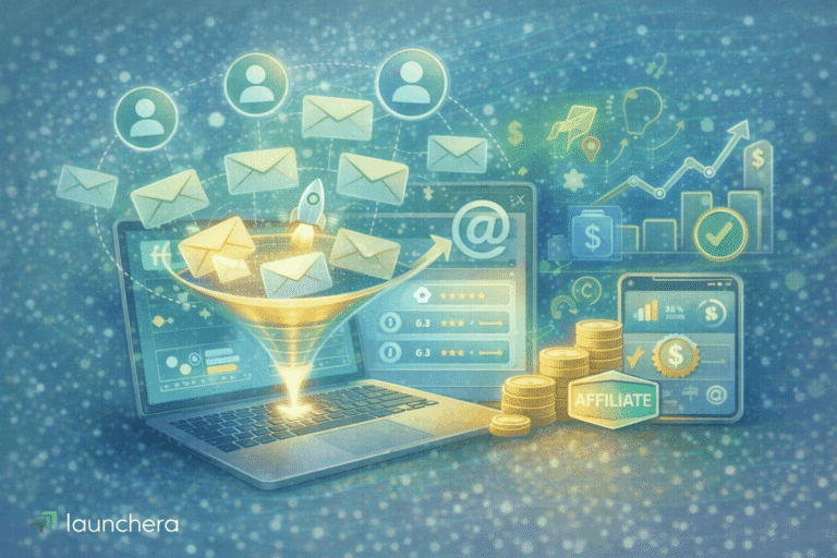 Affiliate marketing autoresponder concept showing automated email sequences, lead nurturing workflow, and commission tracking system