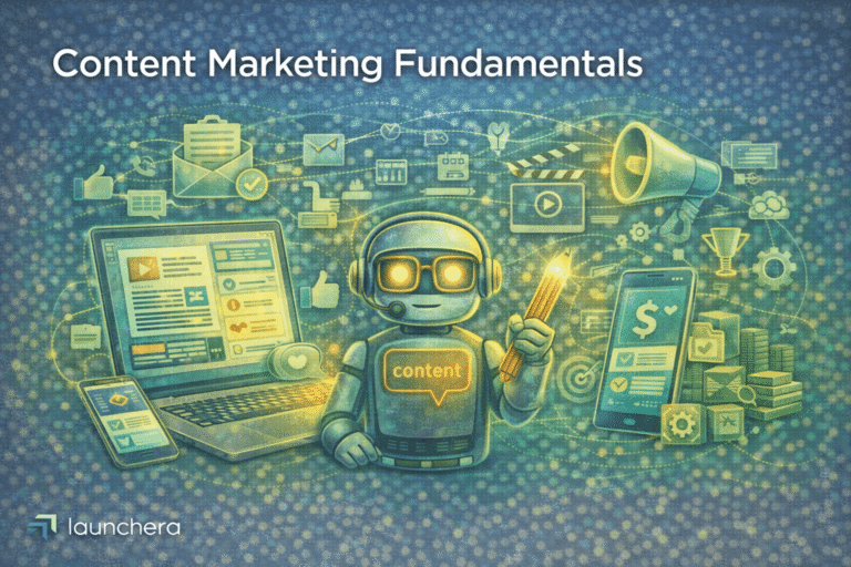 Content marketing fundamentals concept showing content strategy planning, blog publishing, social media distribution, and audience engagement