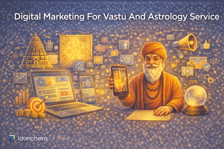 Digital marketing strategy for vastu and astrology services showing online promotion, website marketing, and lead generation system