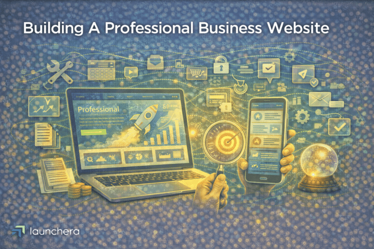 Professional business website development concept showing responsive web design, branding, and online growth strategy