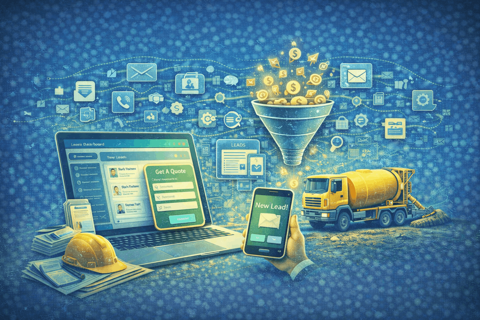 Automated lead capture system for concrete company showing construction business website, CRM dashboard, and new customer inquiry notifications