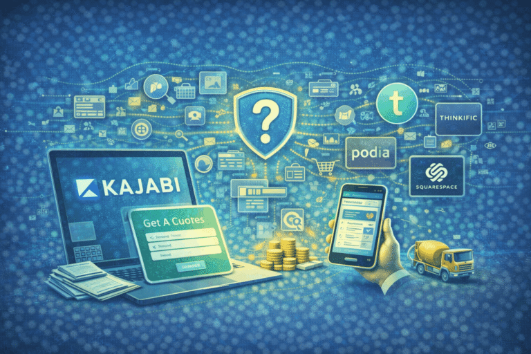 All-in-one online course and marketing platform alternative showing LMS dashboard, sales funnel builder, and automation system