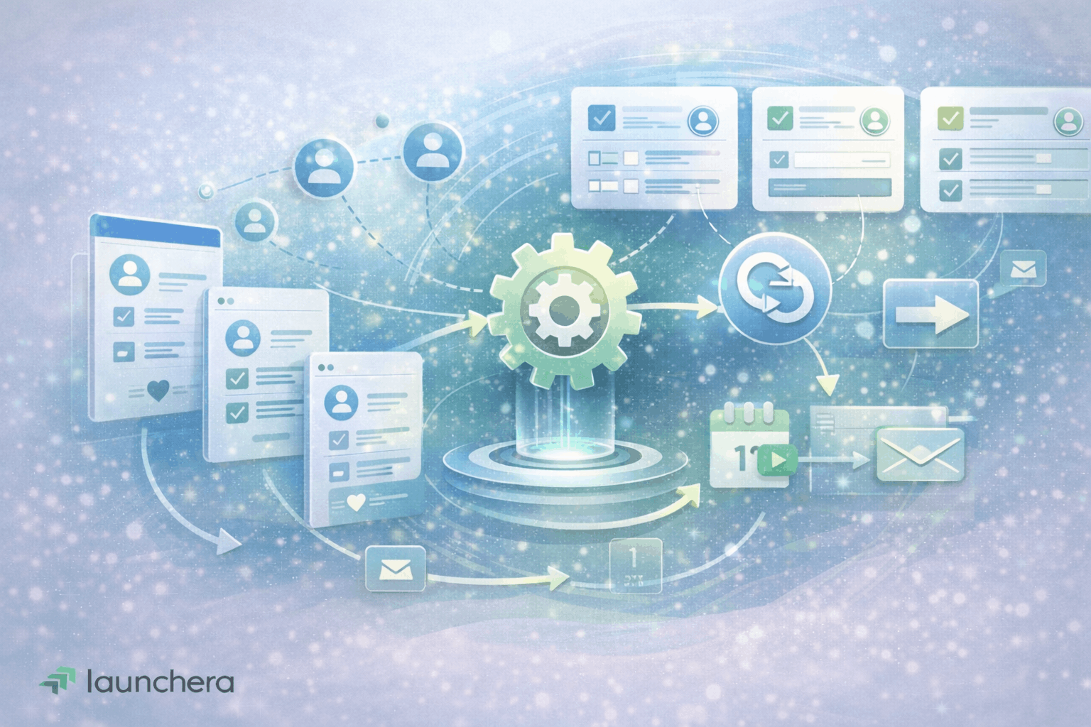 CRM integration and lead nurturing automation concept showing connected customer profiles, workflow automation, and email follow-up system