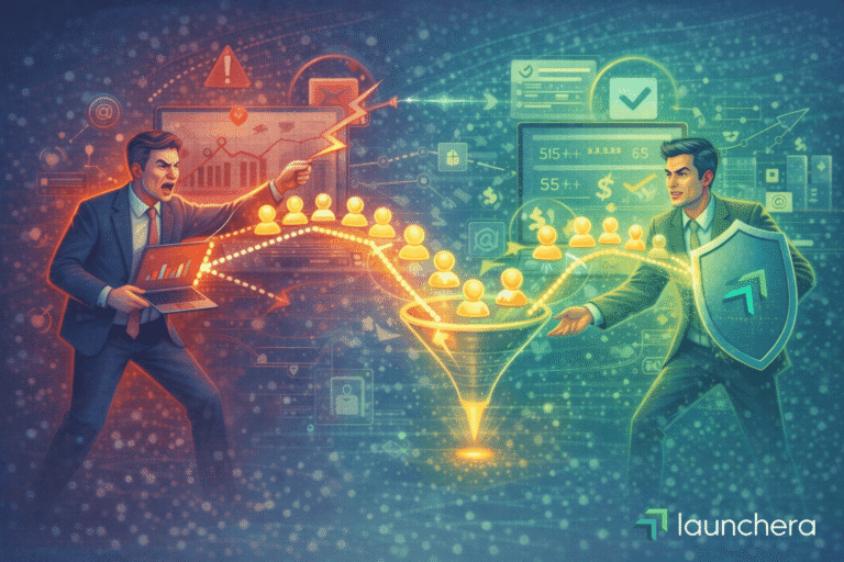 Business lead theft concept showing competitor capturing prospects and sales funnel protection system preventing lead loss