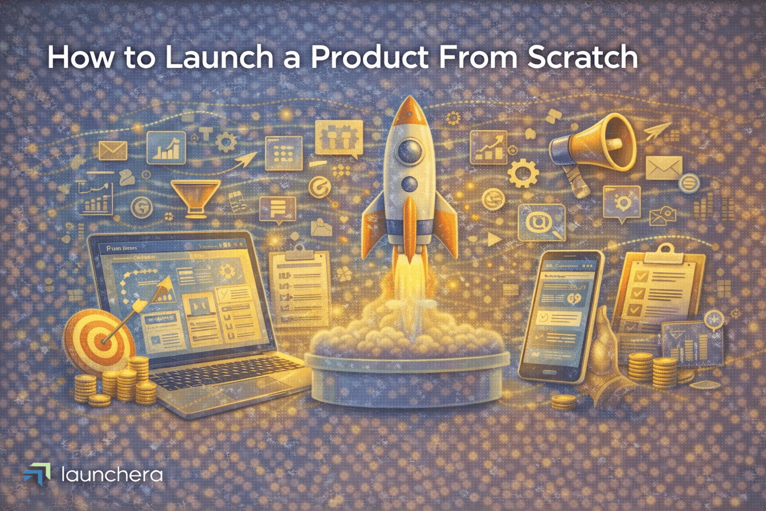 Product launch strategy concept showing startup planning, marketing funnel, audience targeting, and online sales growth