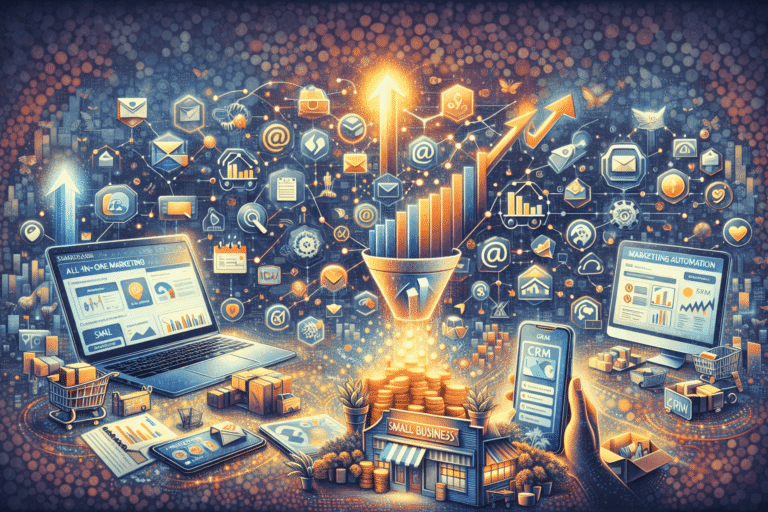 All-in-one marketing automation software for small business showing CRM dashboard, automated campaigns, lead nurturing workflows, and analytics system