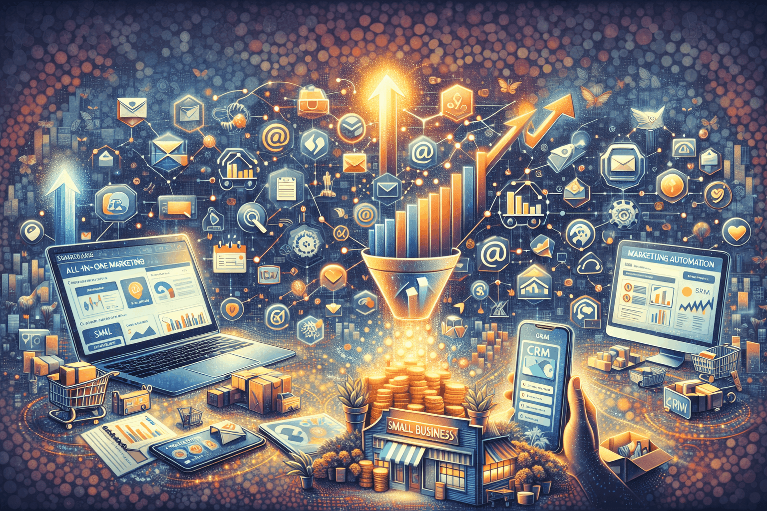 All-in-one marketing automation software for small business showing CRM dashboard, automated campaigns, lead nurturing workflows, and analytics system