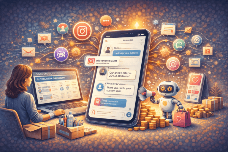 Instagram DM automation system showing automated direct messages, chatbot responses, CRM integration, and lead capture workflow