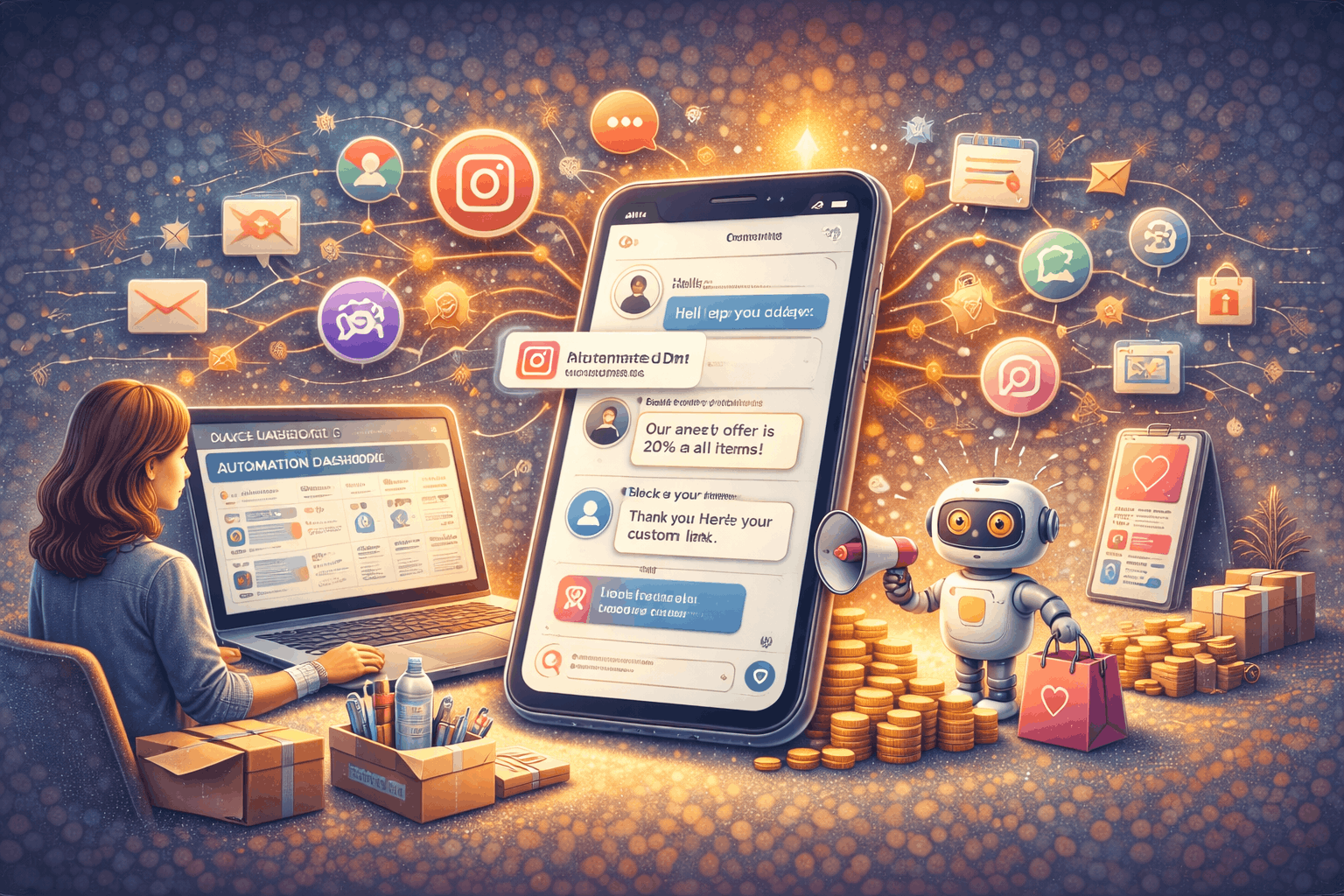 Instagram DM automation system showing automated direct messages, chatbot responses, CRM integration, and lead capture workflow