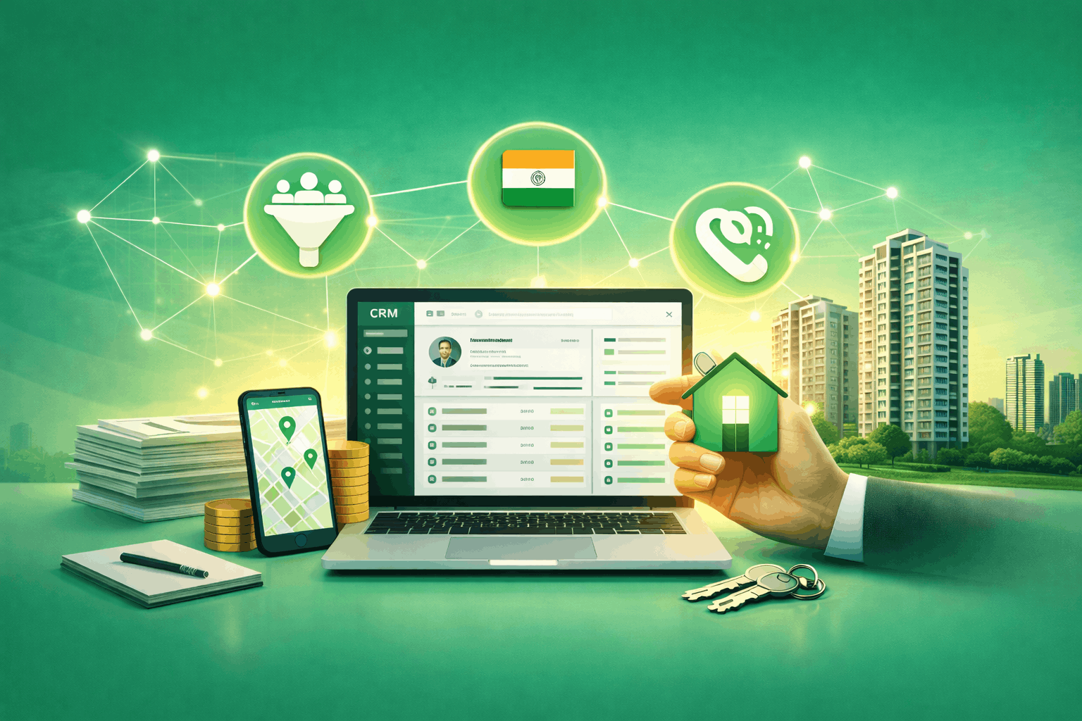 Real estate lead management software in India showing CRM dashboard, property tracking, and automated lead follow-up system by Launchera.