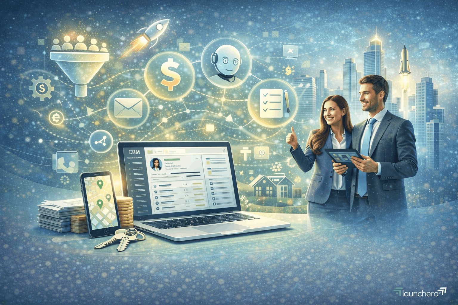 Best CRM for real estate agents in 2026 showing CRM dashboard, property tracking, lead automation, and real estate workflow management system.