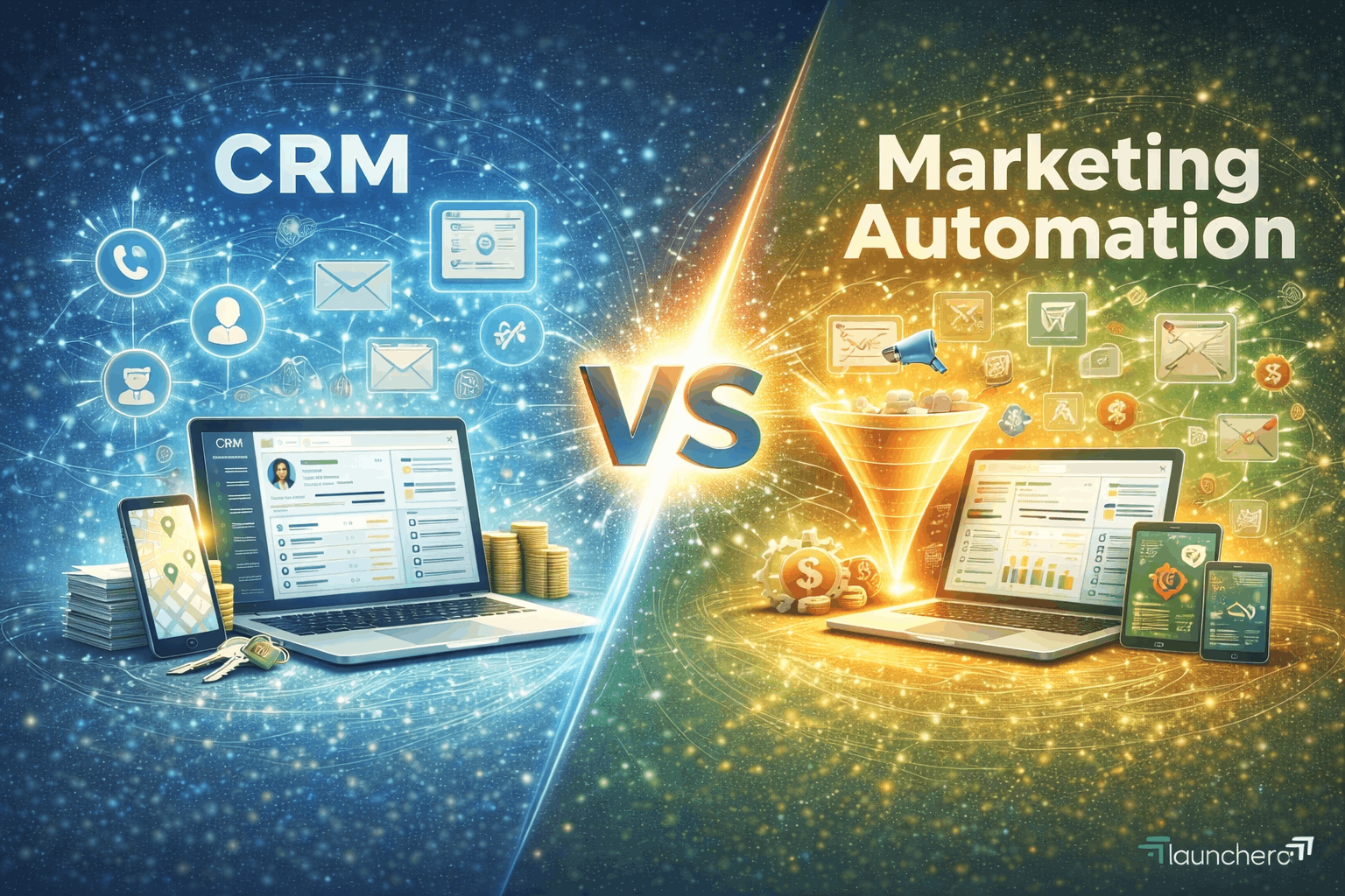 Comparison of CRM and marketing automation systems showing lead management dashboard, sales funnel automation, and digital marketing workflow tools.