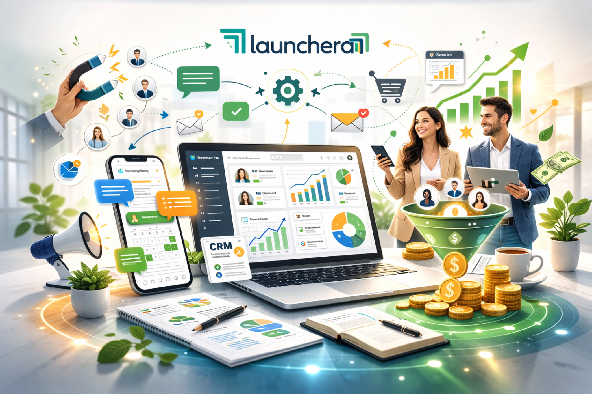 Marketing automation dashboard showing CRM system, lead capture funnel, email automation, payment integration, and business growth analytics by Launchera