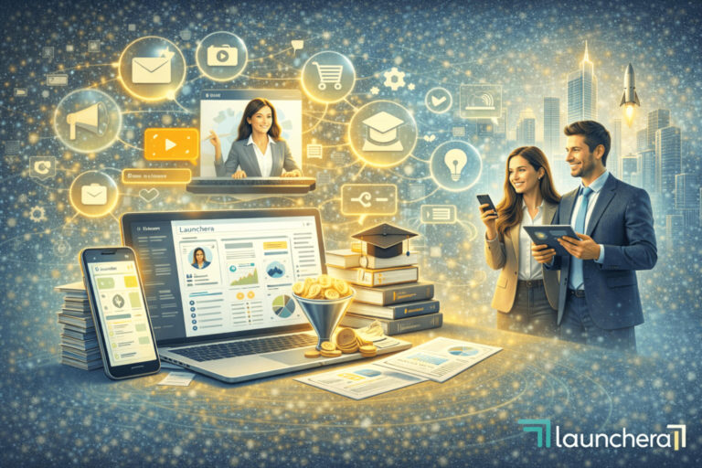 Launchera marketing automation dashboard showing automated sales funnels, CRM integration, email workflows, course sales system, and autopilot lead conversion tools.