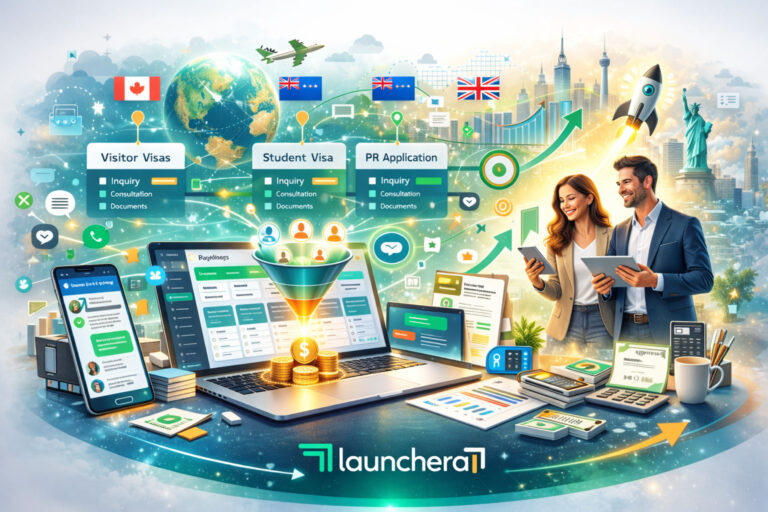 CRM for immigration consultants dashboard showing visa lead management, automated WhatsApp follow-ups, client case tracking, and multi-pipeline visa workflow system.